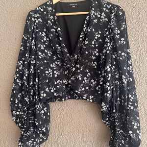 Sugarlips Black White Floral Twist-Front Crop Blouse